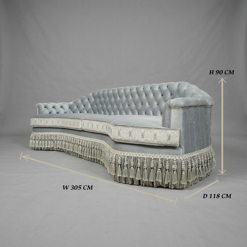 Napoleon III Curved Capitonné Canapé Sofa Silver Velvet Diamond Tufted Tassel Fringe Skirt Three-Quarter View 2 | Brass & Wood