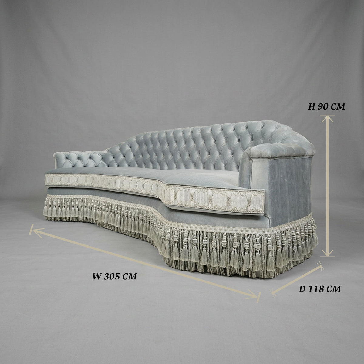 Napoleon III Curved Capitonné Canapé Sofa Silver Velvet Diamond Tufted Tassel Fringe Skirt Three-Quarter View 2 | Brass & Wood