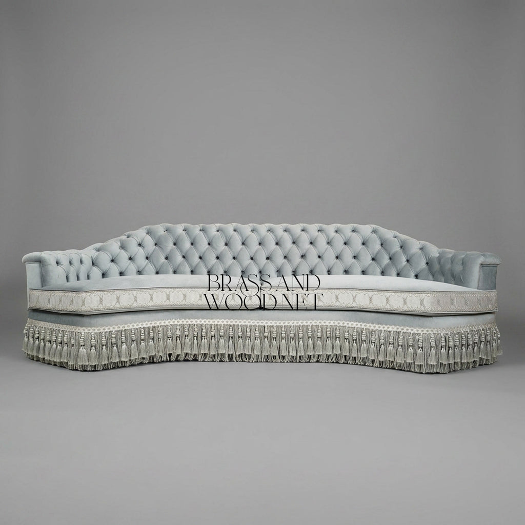 Napoleon III Curved Capitonné Canapé Sofa Silver Velvet Diamond Tufted Tassel Fringe Skirt Front View | Brass & Wood