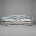 Napoleon III Curved Capitonné Canapé Sofa Silver Velvet Diamond Tufted Tassel Fringe Skirt Front View | Brass & Wood