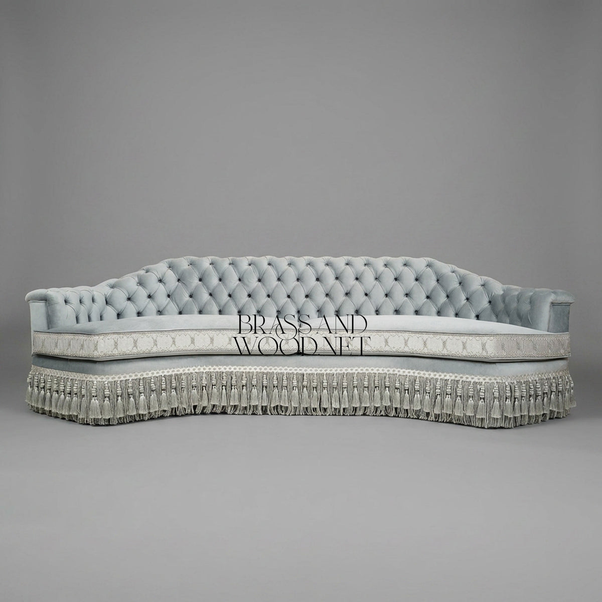 Napoleon III Curved Capitonné Canapé Sofa Silver Velvet Diamond Tufted Tassel Fringe Skirt Front View | Brass & Wood