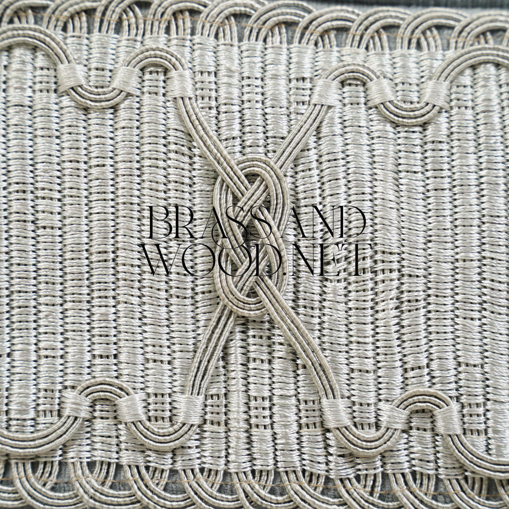 Napoleon III Curved Capitonné Canapé Sofa Silver Velvet Diamond Tufted Tassel Fringe Skirt Close-Up | Brass & Wood