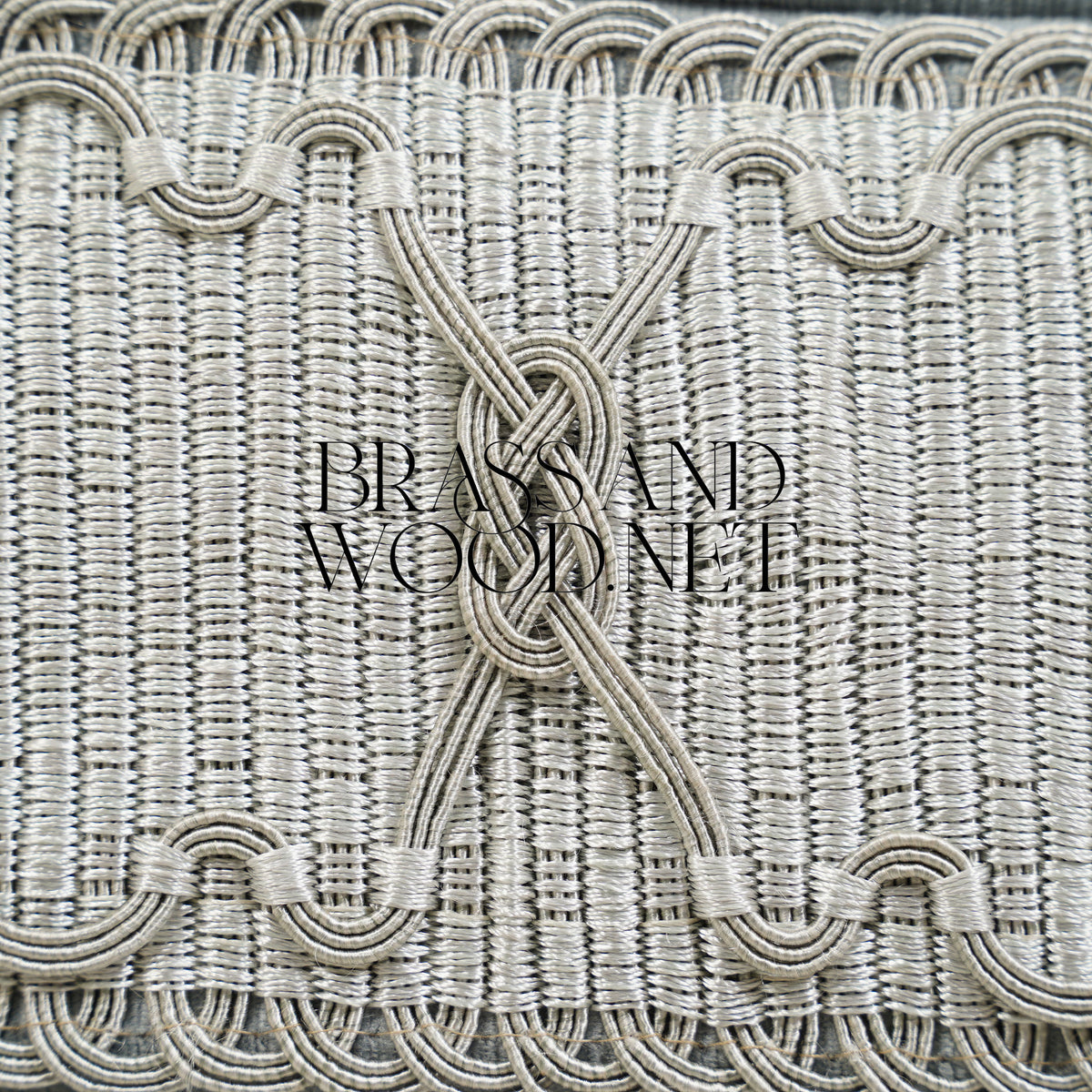 Napoleon III Curved Capitonné Canapé Sofa Silver Velvet Diamond Tufted Tassel Fringe Skirt Close-Up | Brass & Wood