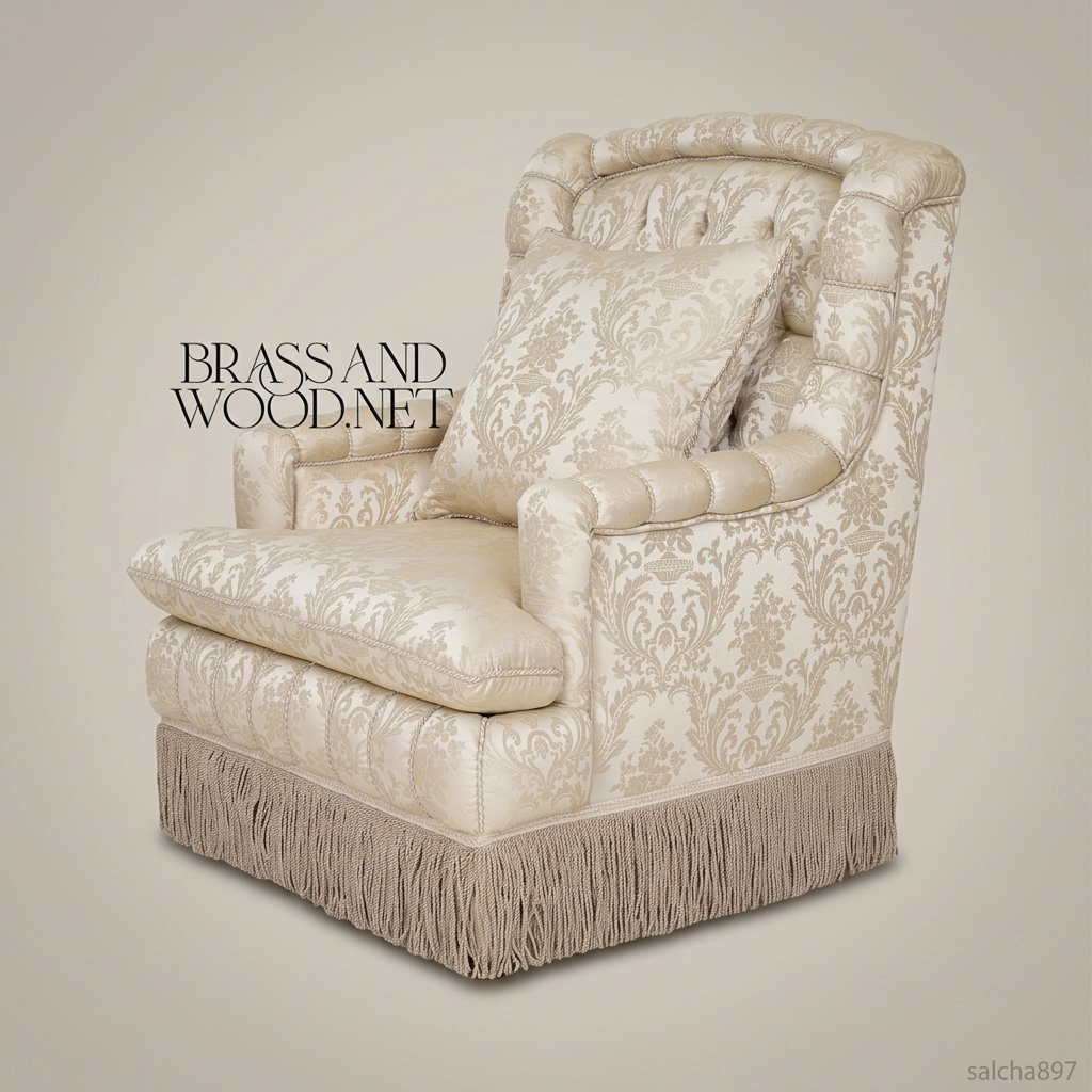 Napoleon III Rococo Revival ivory damask armchair diamond-tufted high back channeled arms bullion fringe skirt View 2 | Brass & Wood