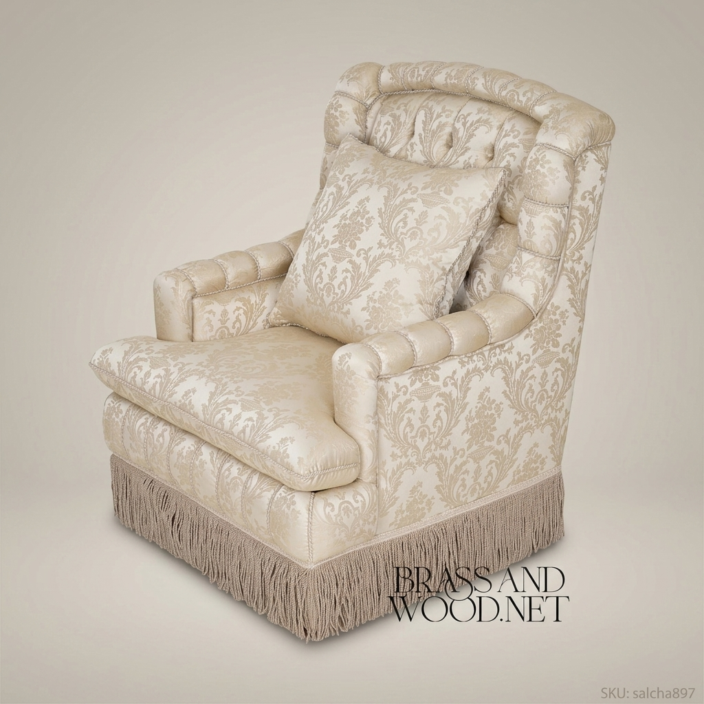 Napoleon III Rococo Revival ivory damask armchair diamond-tufted high back channeled arms bullion fringe skirt View 3 | Brass & Wood