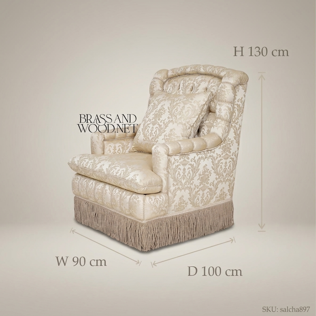Napoleon III Rococo Revival ivory damask armchair diamond-tufted high back channeled arms bullion fringe skirt View 6 | Brass & Wood
