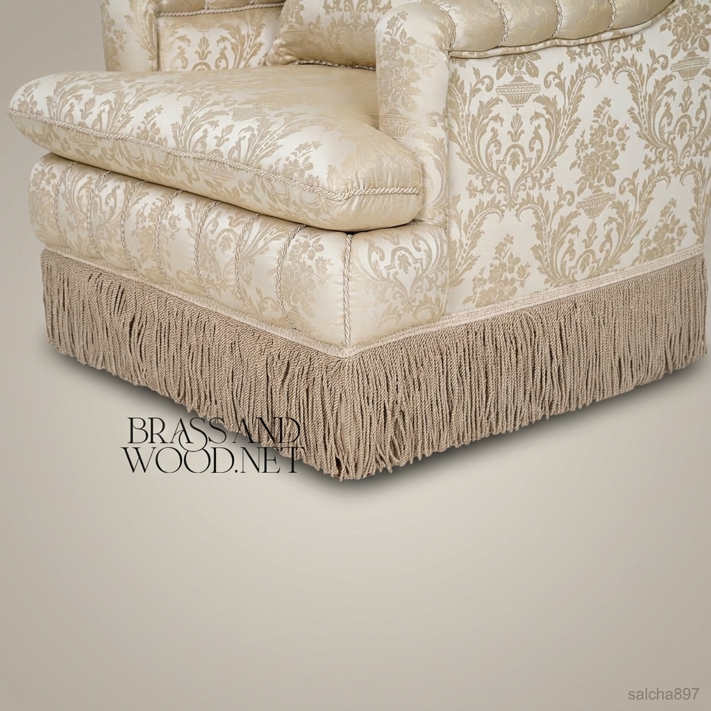 Napoleon III Rococo Revival ivory damask armchair diamond-tufted high back channeled arms bullion fringe skirt View 7 | Brass & Wood