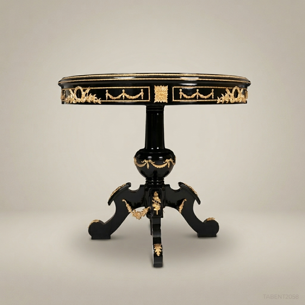 Napoleon III Ebonized Round Entry Table with Gilt Ormolu Laurel Swag Apron
