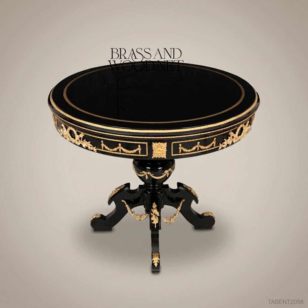 Napoleon III Ebonized Round Entry Table with Gilt Ormolu Laurel Swag Apron