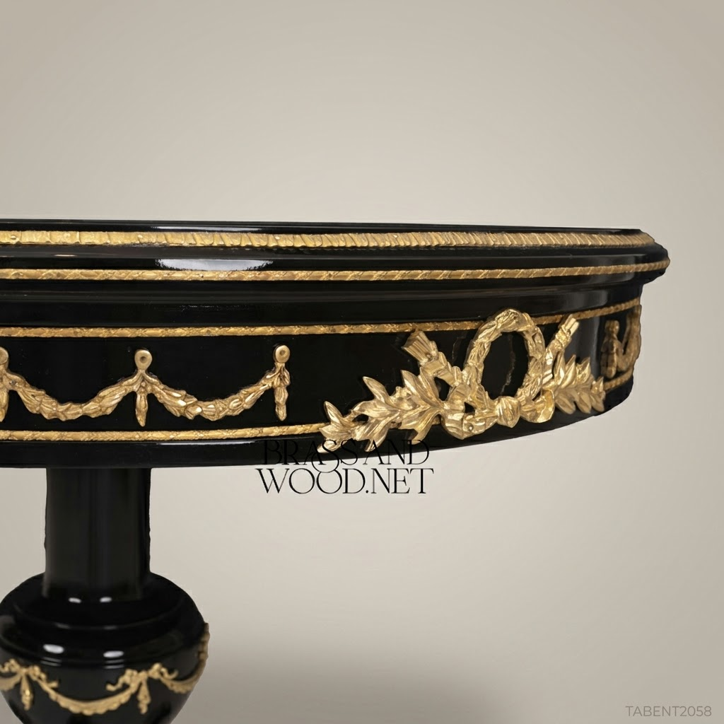 Napoleon III Ebonized Round Entry Table with Gilt Ormolu Laurel Swag Apron