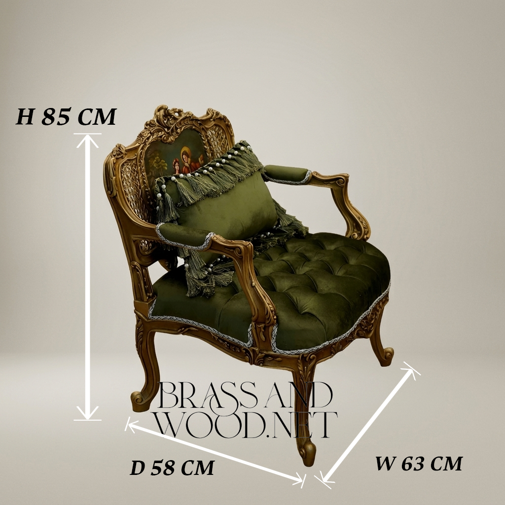 Napoleon III Gilded Carved Wood Fauteuil Hand-Painted Cane Back Cartouche Olive Green Button-Tufted Velvet Cabriole Legs Main View | Brass & Wood