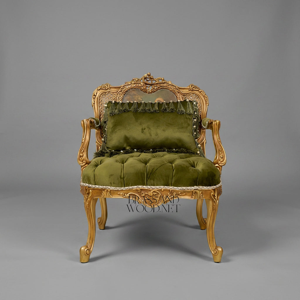 Napoleon III Gilded Carved Wood Fauteuil Hand-Painted Cane Back Cartouche Olive Green Button-Tufted Velvet Cabriole Legs View 2 | Brass & Wood
