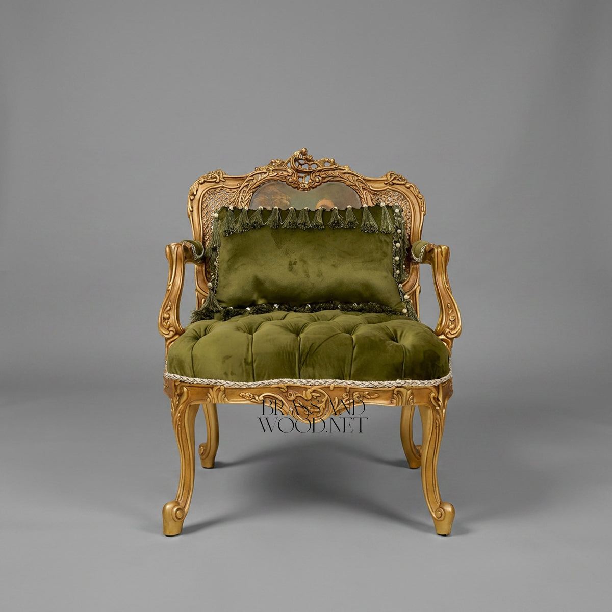 Napoleon III Gilded Carved Wood Fauteuil Hand-Painted Cane Back Cartouche Olive Green Button-Tufted Velvet Cabriole Legs View 2 | Brass & Wood