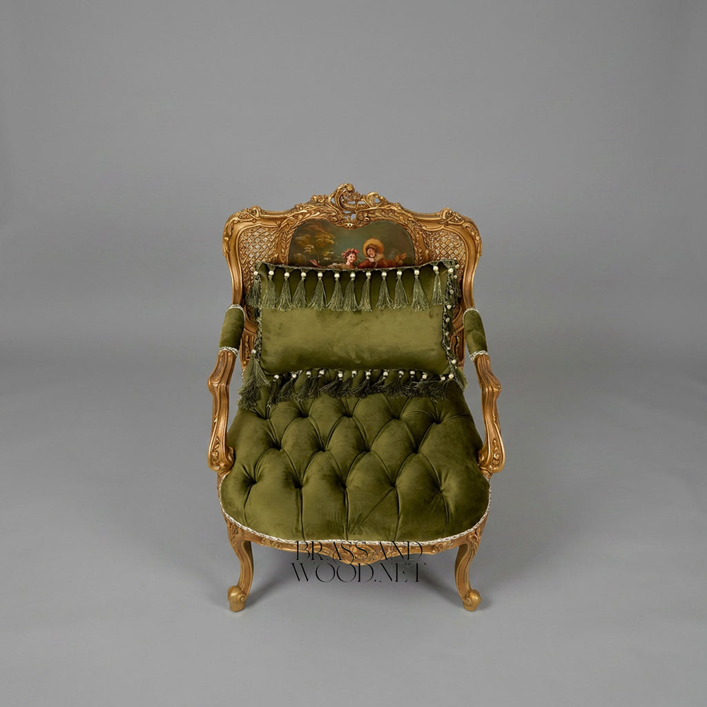 Napoleon III Gilded Carved Wood Fauteuil Hand-Painted Cane Back Cartouche Olive Green Button-Tufted Velvet Cabriole Legs View 3 | Brass & Wood