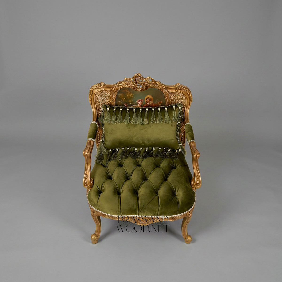 Napoleon III Gilded Carved Wood Fauteuil Hand-Painted Cane Back Cartouche Olive Green Button-Tufted Velvet Cabriole Legs View 3 | Brass & Wood