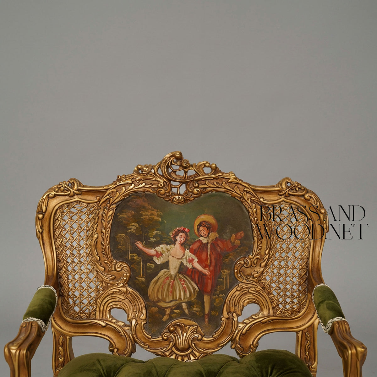 Napoleon III Gilded Carved Wood Fauteuil Hand-Painted Cane Back Cartouche Olive Green Button-Tufted Velvet Cabriole Legs View 4 | Brass & Wood