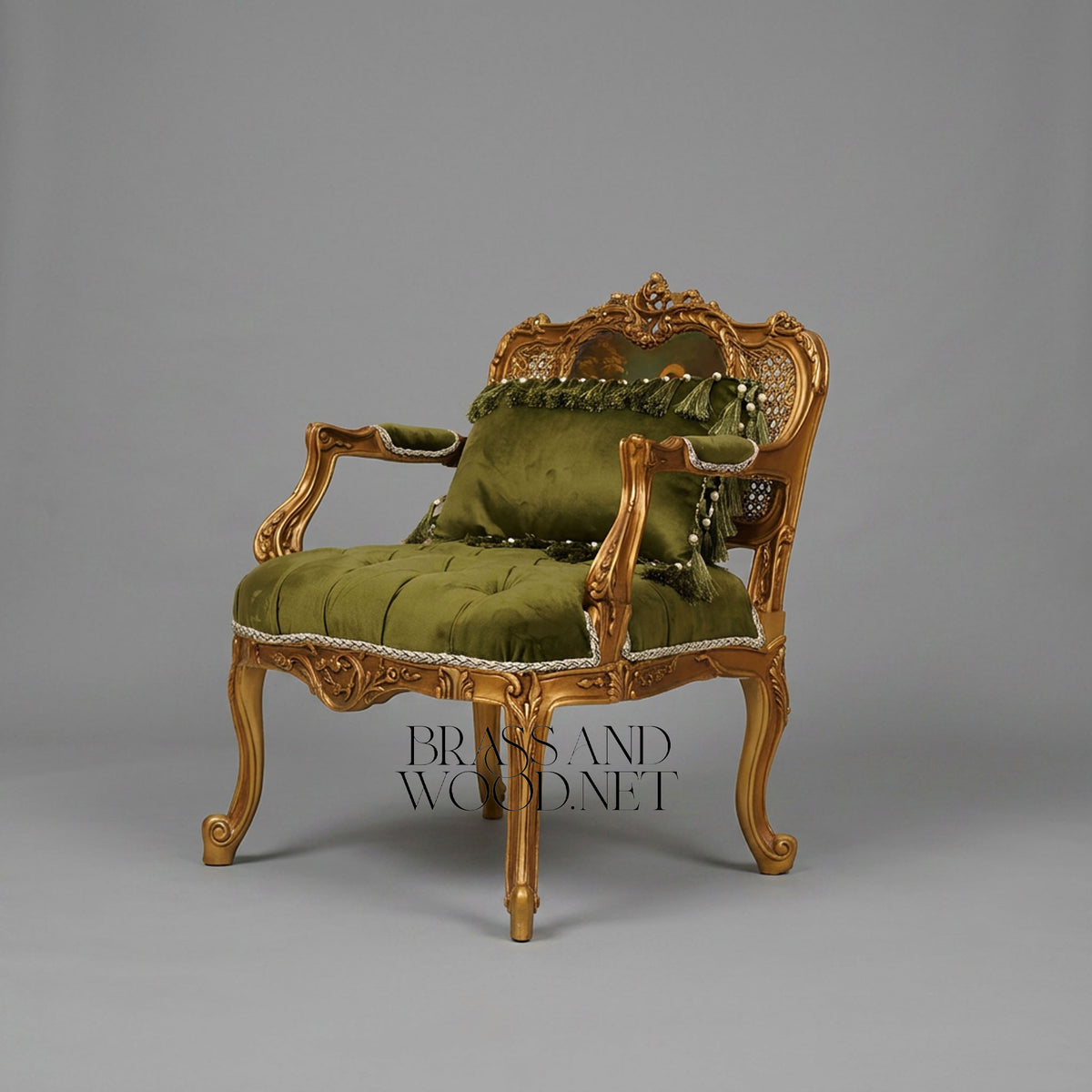 Napoleon III Gilded Carved Wood Fauteuil Hand-Painted Cane Back Cartouche Olive Green Button-Tufted Velvet Cabriole Legs View 5 | Brass & Wood