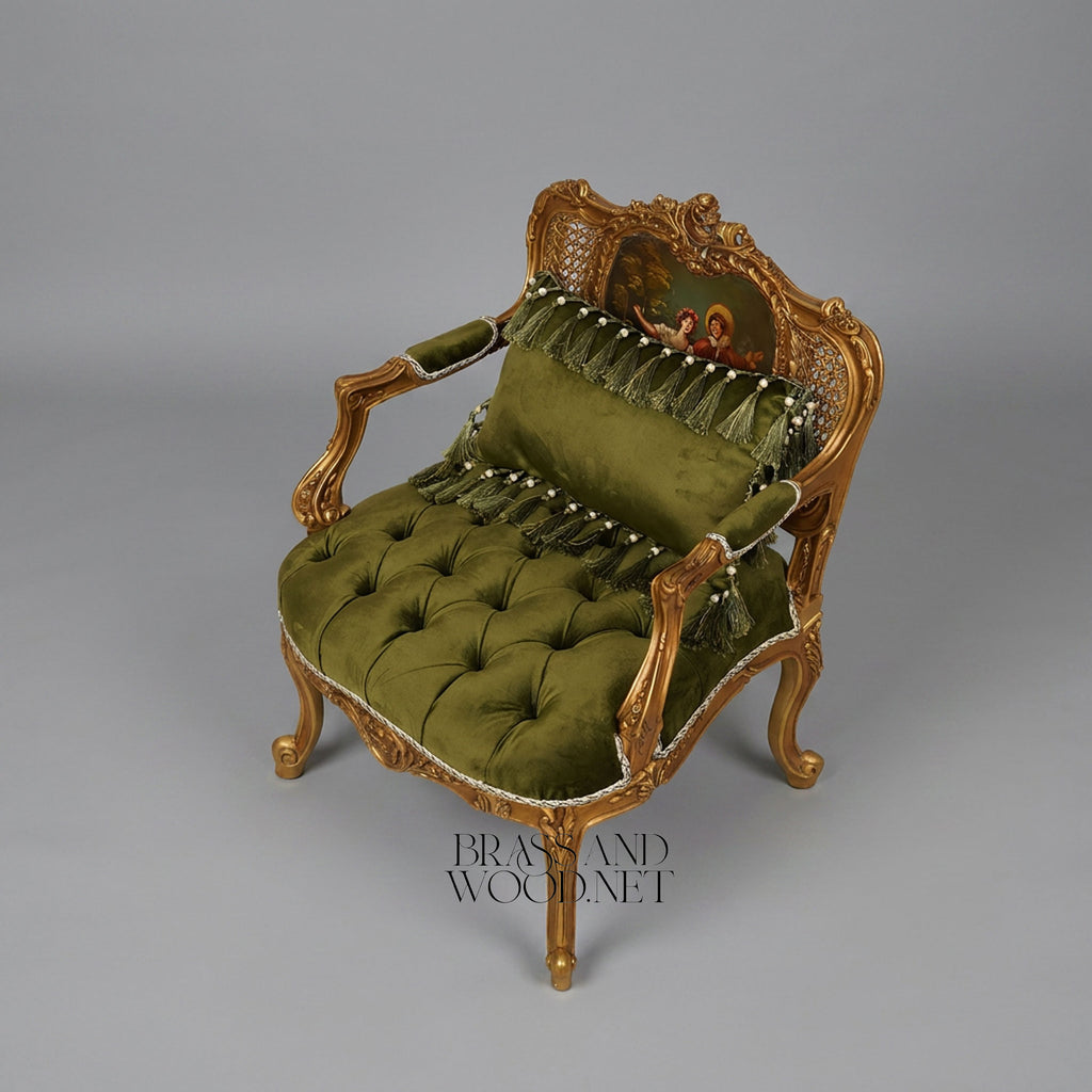 Napoleon III Gilded Carved Wood Fauteuil Hand-Painted Cane Back Cartouche Olive Green Button-Tufted Velvet Cabriole Legs View 6 | Brass & Wood