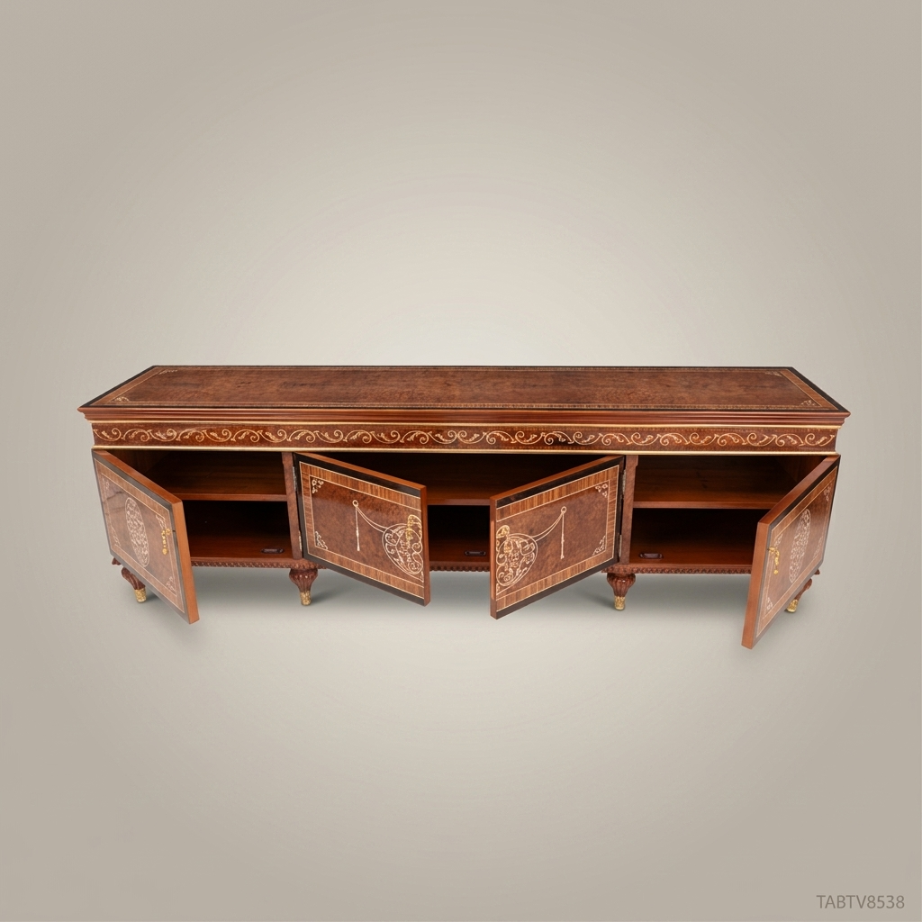 Napoleon III Low Media Console with Arabesque Marquetry Panels & Gilt Feet