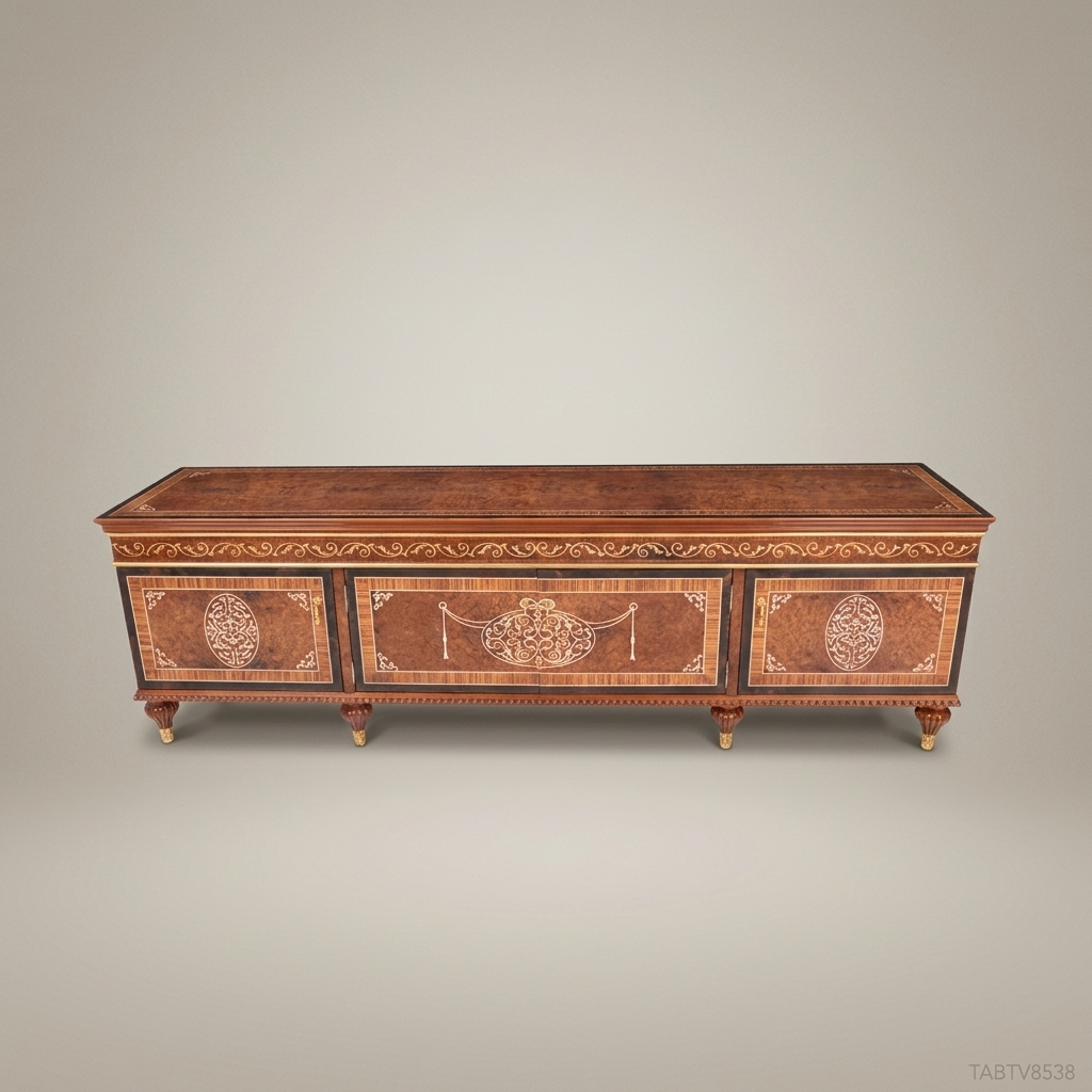 Napoleon III Low Media Console with Arabesque Marquetry Panels & Gilt Feet