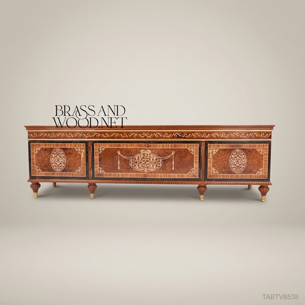 Napoleon III Low Media Console with Arabesque Marquetry Panels & Gilt Feet