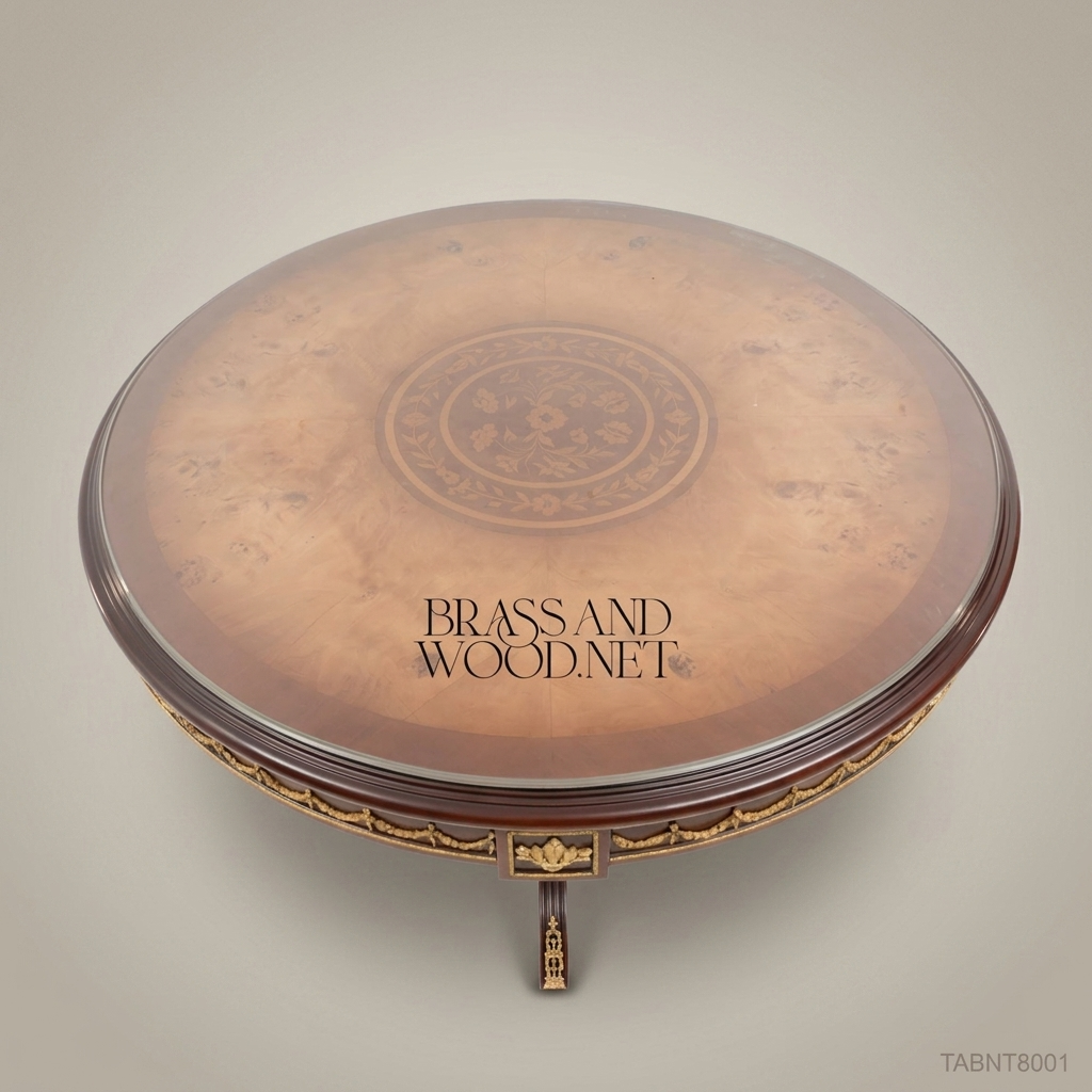 Napoleon III Mahogany Round Centre Table with Gilt Ormolu Swags & Burl Marquetry Top