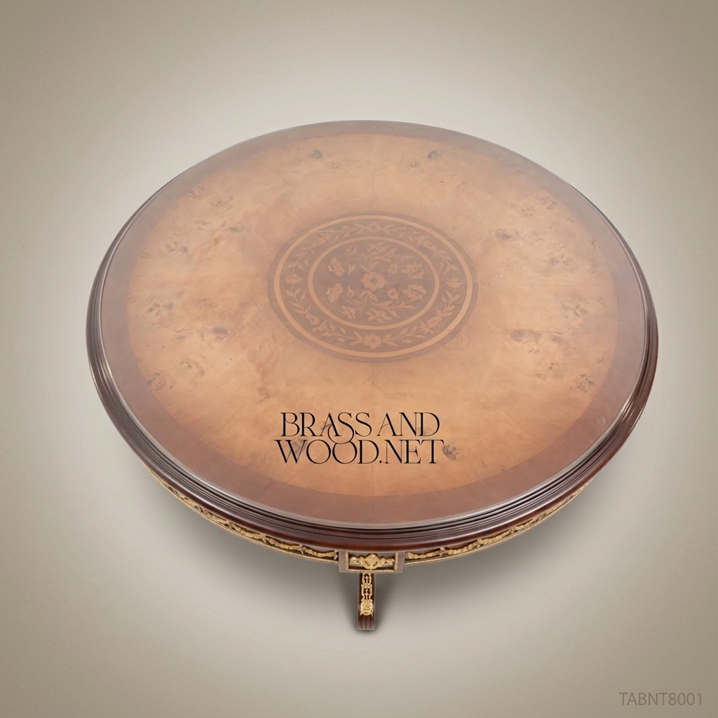 Napoleon III Mahogany Round Centre Table with Gilt Ormolu Swags & Burl Marquetry Top