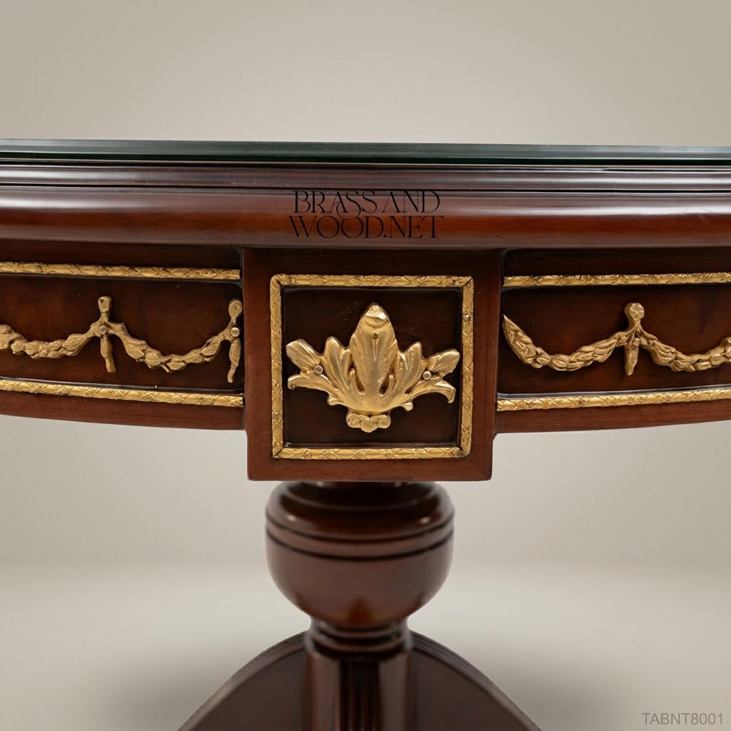 Napoleon III Mahogany Round Centre Table with Gilt Ormolu Swags & Burl Marquetry Top