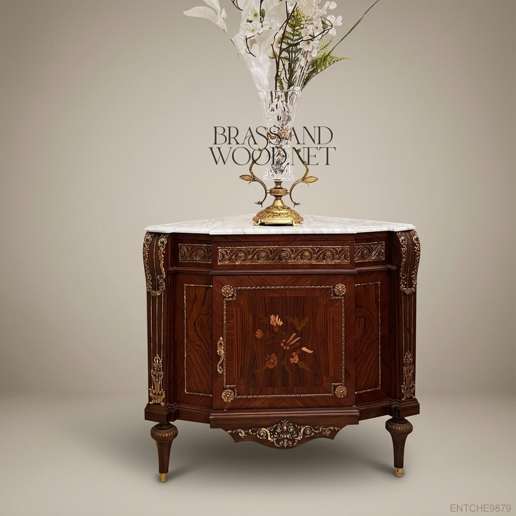 Louis XVI Neoclassical Corner Commode with Marquetry & Marble Top