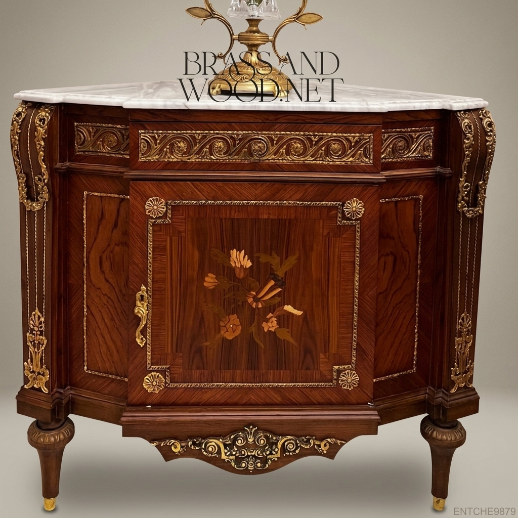 Louis XVI Neoclassical Corner Commode with Marquetry & Marble Top