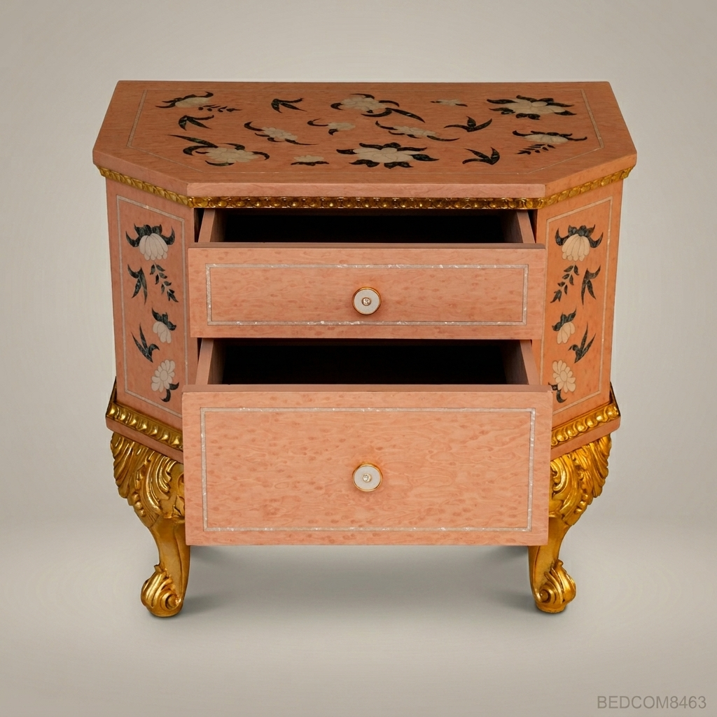 Napoleon III Rococo Revival Lacquered Nightstand with Mother-of-Pearl Floral Inlay & Gilded Cabriole Legs