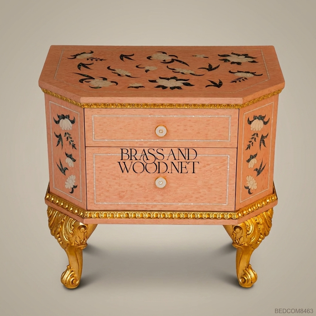 Napoleon III Rococo Revival Lacquered Nightstand with Mother-of-Pearl Floral Inlay & Gilded Cabriole Legs