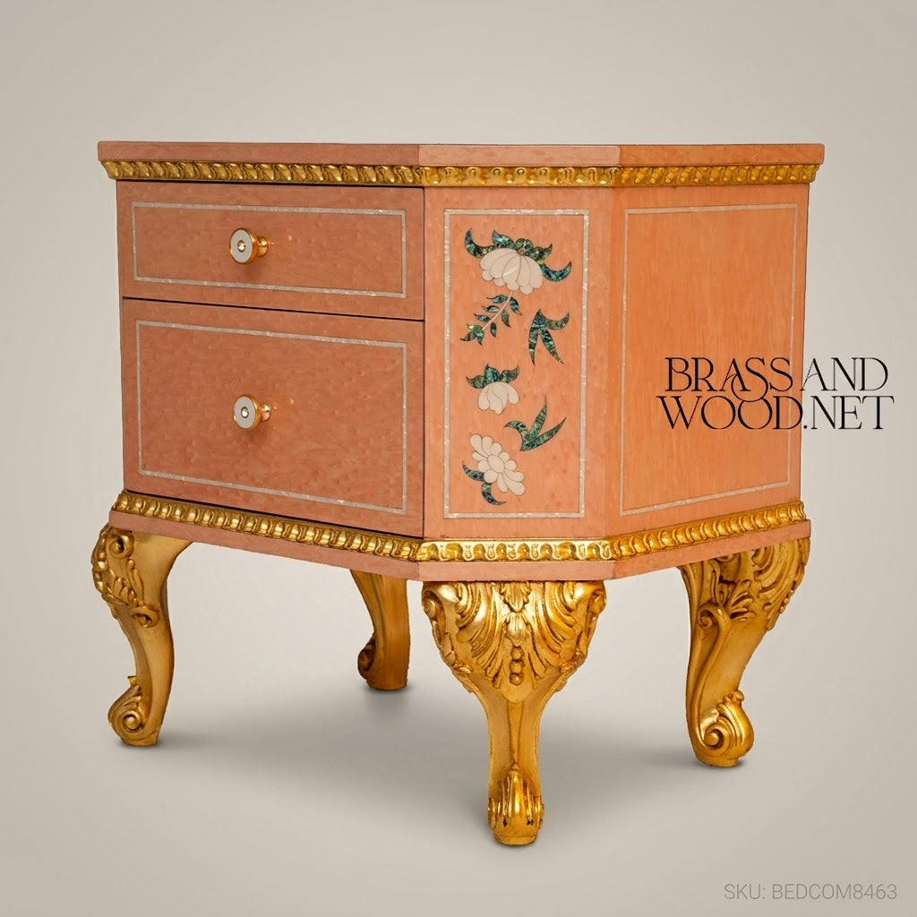 Napoleon III Rococo Revival Lacquered Nightstand with Mother-of-Pearl Floral Inlay & Gilded Cabriole Legs