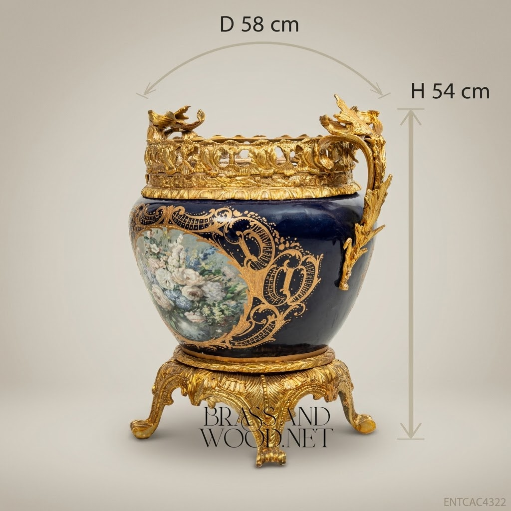Napoleon III Ormolu-Mounted Cobalt Porcelain Jardinière — Hand-Painted Floral Medallion