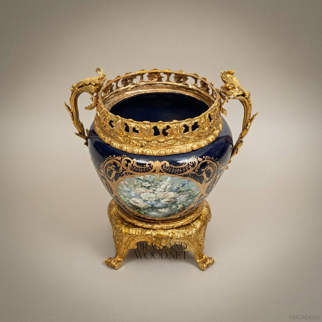 Napoleon III Ormolu-Mounted Cobalt Porcelain Jardinière — Hand-Painted Floral Medallion
