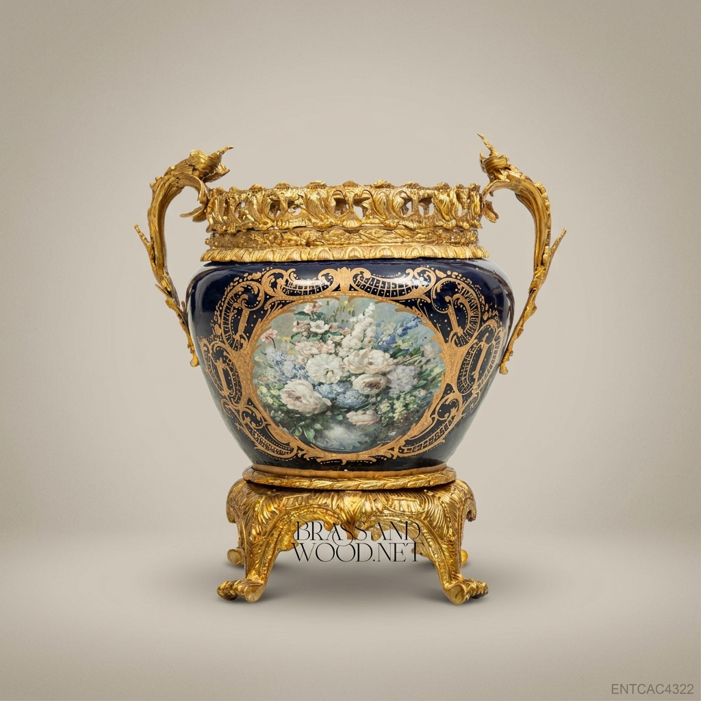 Napoleon III Ormolu-Mounted Cobalt Porcelain Jardinière — Hand-Painted Floral Medallion