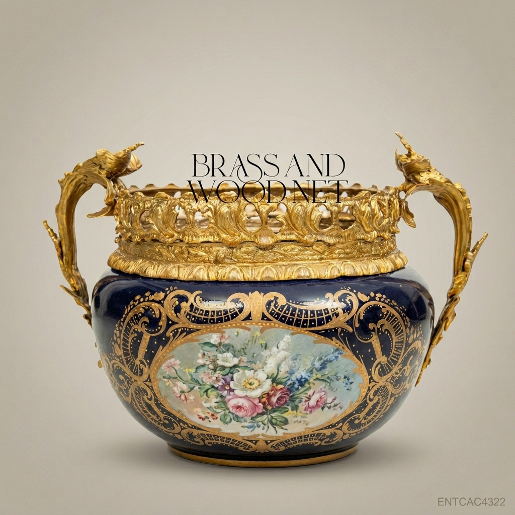 Napoleon III Ormolu-Mounted Cobalt Porcelain Jardinière — Hand-Painted Floral Medallion