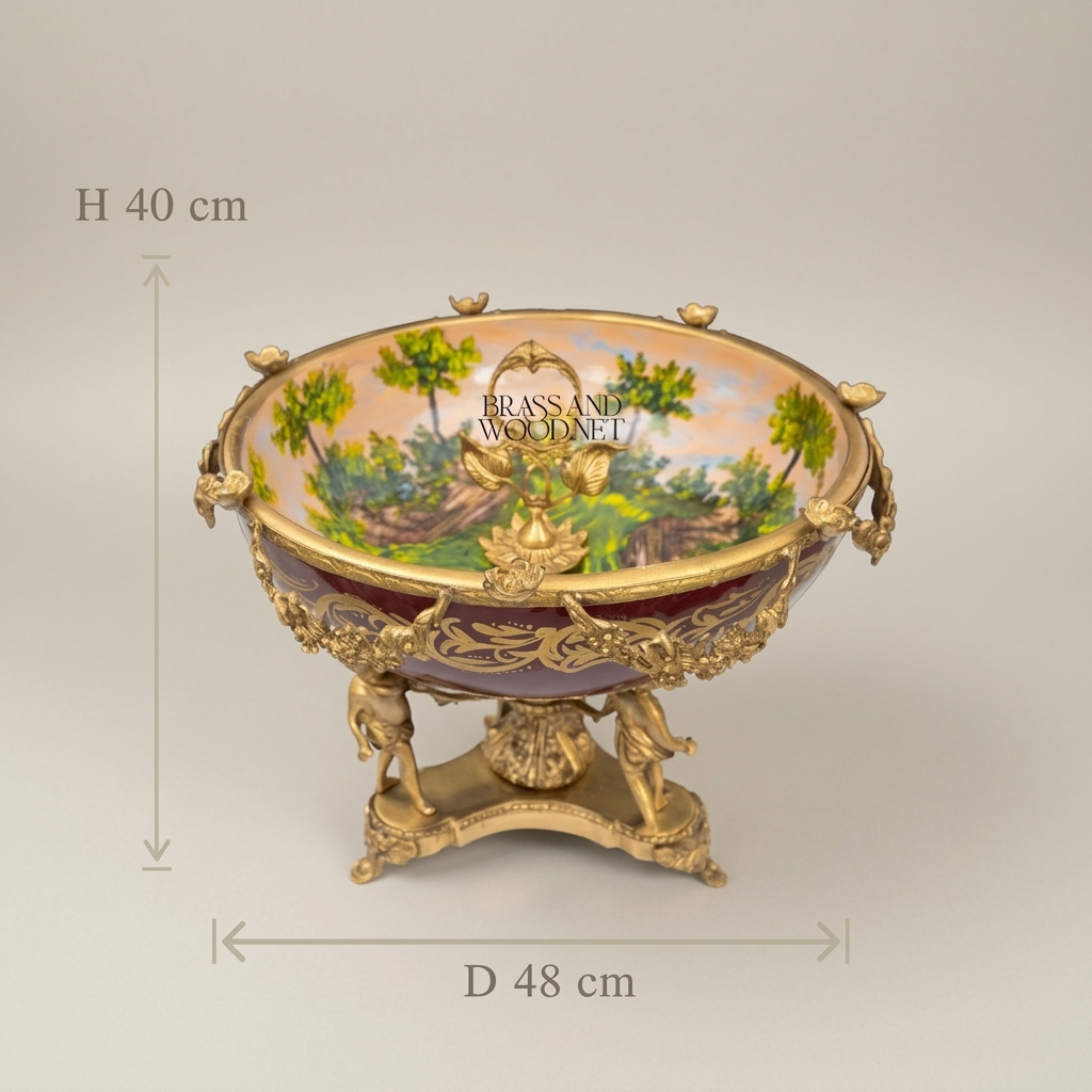 Napoleon III Porcelain Centrepiece Bowl with Figural Brass Putto Stand — Gold