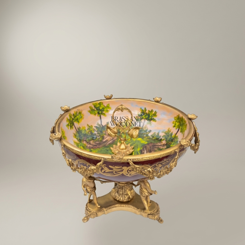 Napoleon III Porcelain Centrepiece Bowl with Figural Brass Putto Stand — Antique Gold