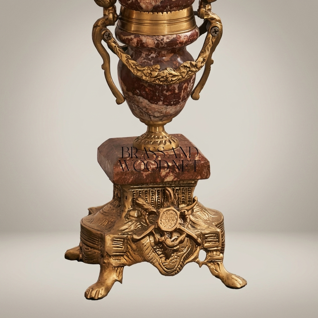 Napoleon III Red Marble & Brass Mantel Garniture Set — Urn Clock with Twin Seven-Arm Candelabra — Antique Gold