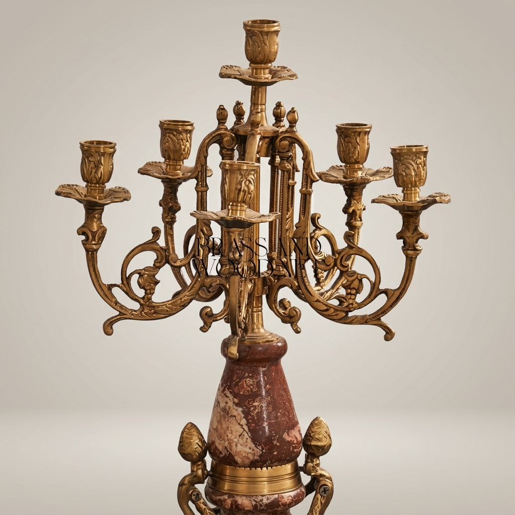 Napoleon III Red Marble & Brass Mantel Garniture Set — Urn Clock with Twin Seven-Arm Candelabra — Antique Gold