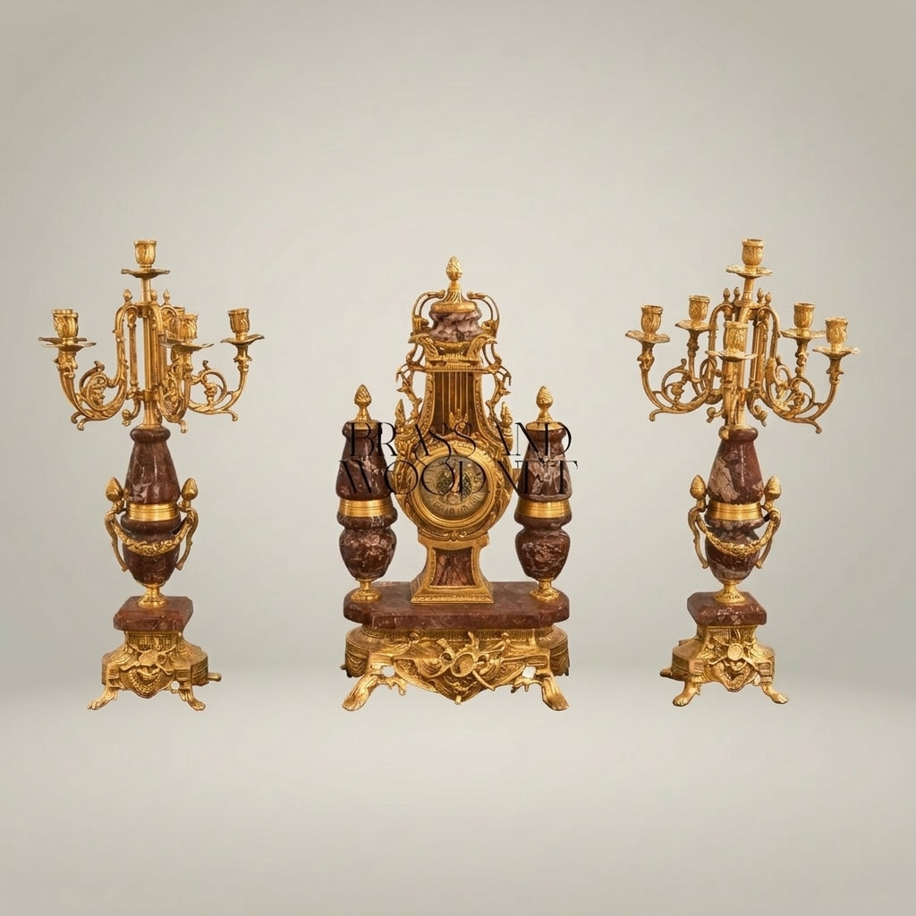 Napoleon III Red Marble & Brass Mantel Garniture Set — Urn Clock with Twin Seven-Arm Candelabra — Gold