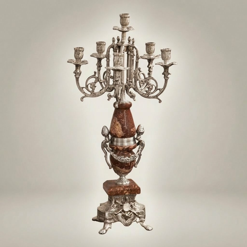 Napoleon III Red Marble & Brass Mantel Garniture Set — Urn Clock with Twin Seven-Arm Candelabra — Silver