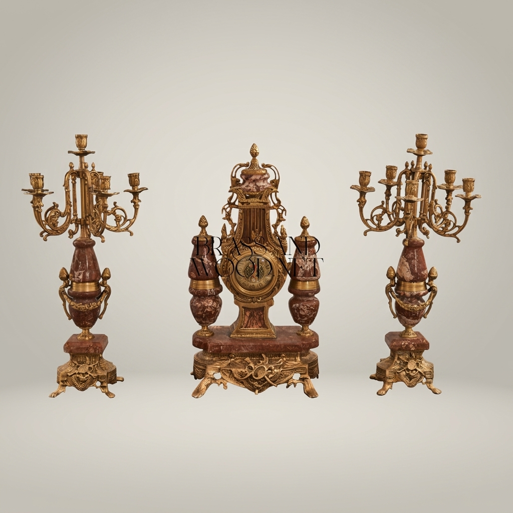 Napoleon III Red Marble & Brass Mantel Garniture Set — Urn Clock with Twin Seven-Arm Candelabra — Antique Gold