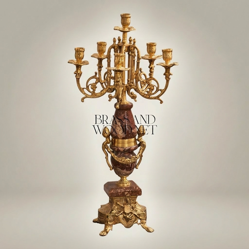Napoleon III Red Marble & Brass Mantel Garniture Set — Urn Clock with Twin Seven-Arm Candelabra