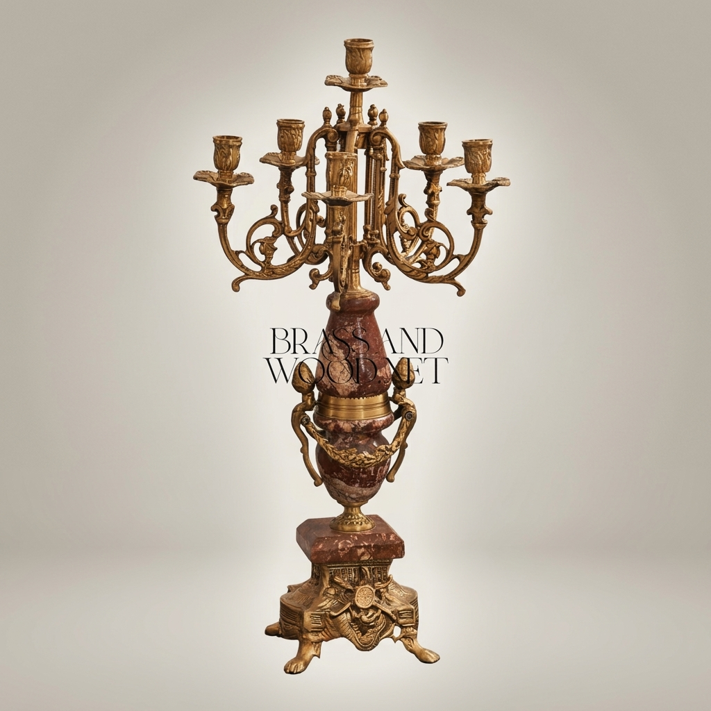 Napoleon III Red Marble & Brass Mantel Garniture Set — Urn Clock with Twin Seven-Arm Candelabra — Antique Gold