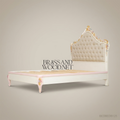 Napoleon III Rococo Revival Bed — Polychrome Floral Carved Headboard with Button-Tufted Linen & Gilded Lion Crest
