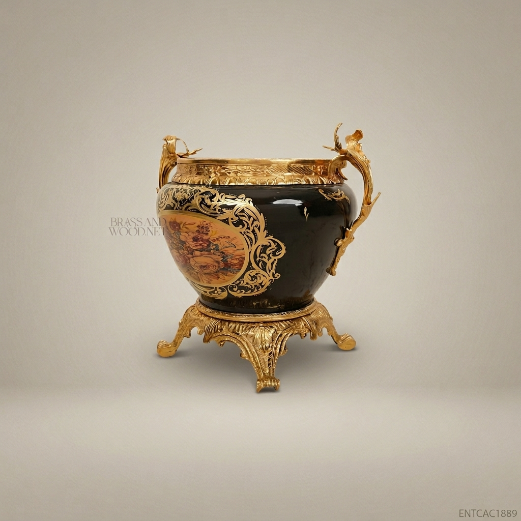 Napoleon III Rococo Revival Black Ceramic Jardinière with Gilt Bronze Mounts & Floral Cartouches
