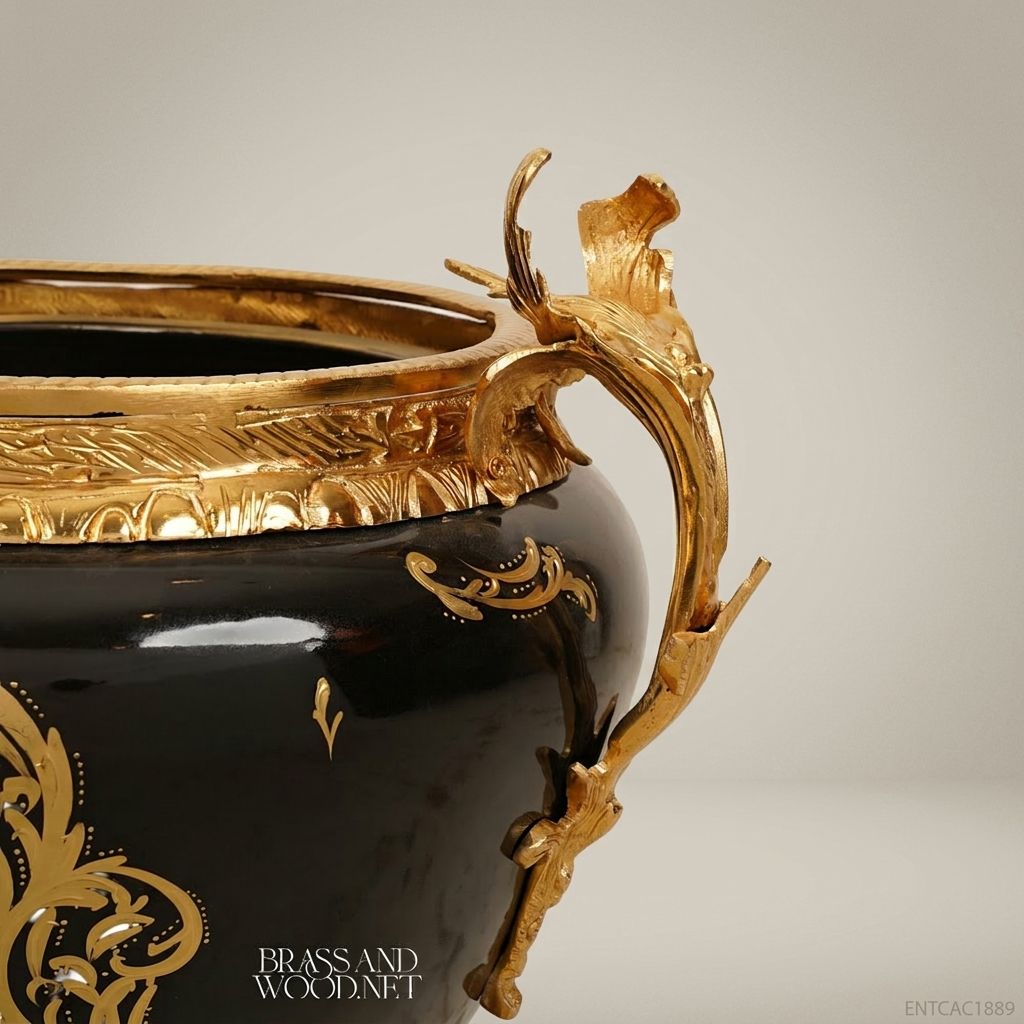 Napoleon III Rococo Revival Black Ceramic Jardinière with Gilt Bronze Mounts & Floral Cartouches