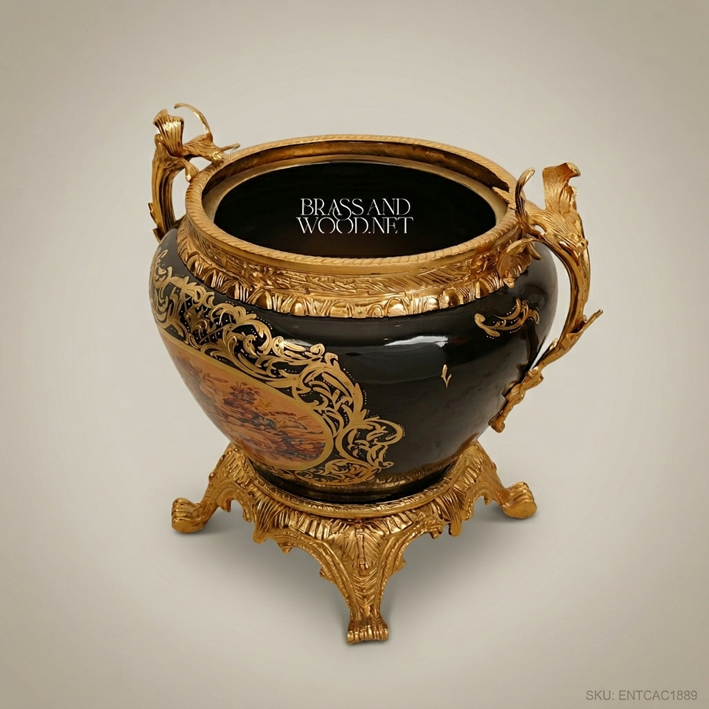 Napoleon III Rococo Revival Black Ceramic Jardinière with Gilt Bronze Mounts & Floral Cartouches